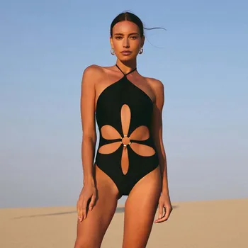 2022 Nou Solid-O Singură Bucată De Costume De Baie Curea Gol Flori Micro Bikini Sexy Backless Slim Negru Și Alb Verde Roz Costum De Baie