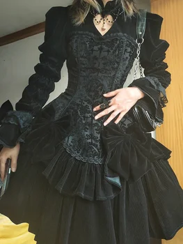 2022 Noua Moda Femei Gothic Lolita Rochie cu Maneci Lungi Bowknot Lipitură Subțire O-linie Jumătate Guler Înalt Gotic Femei Lolita Rochie