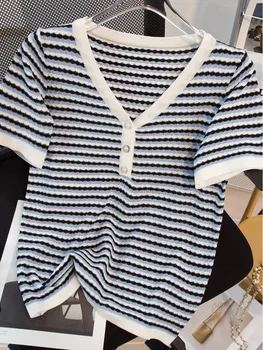2022 Vara Noi de Mari dimensiuni Femei Tricotaje Dungă Butonul V-neck Maneca Scurta XL-4XL Supradimensionat Tricou Slim Topuri Tricotate