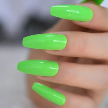 24buc Neon Verde Luminos Apăsați pe Unghii False Extra Lungi Sicriu Balerina Forma de Gel Adeziv Pe Fingersnails Gratuit de Benzi Adezive