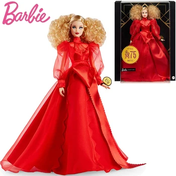 Barbie jocuri Barbie Originale Colector Mattel a 75-a Aniversare Papusa Roșu Șifon Rochie Blonda de Colectare Papusa Jucărie pentru Fete Cadou GMM98