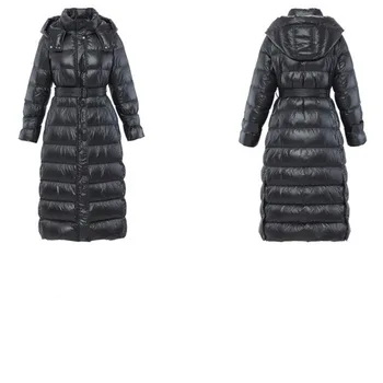 Black geaca de iarna pentru femei stil nou cu fermoar glugă detașabilă negru lung belted coat