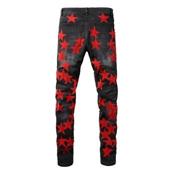 Bărbații Stele Roșii Patch-Uri Denim Stretch Blugi Streetwear Găuri Rupt Pantalonii Skinny Pantalon Conic