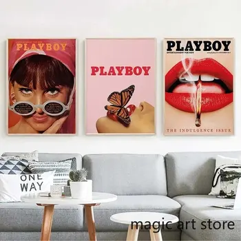 Coperta Revistei De Moda De Artă Poster Fata De Fumat Juca Baiatul De Flori Fluturi Roșu De Buze Panza Pictura Perete Imprimare Imagine Decor Acasă