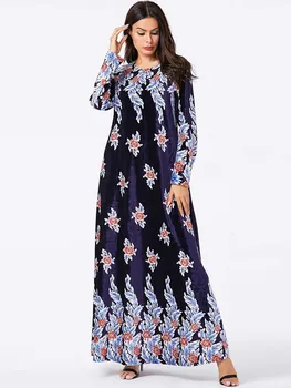 Elegant de Catifea Rochie Musulman Femei Big Swing Maxi Rochie a-line Kimono Jubah Haină Lungă de Imprimare Abaya Rochii Haine Islamice Elbise