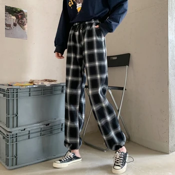 Femei Carouri Pantaloni Femei Talie Mare Largă, În Carouri, Pantaloni 2020 Iarna Stil Coreean Pantaloni Femei De Moda Roșu Palazzo Pantaloni