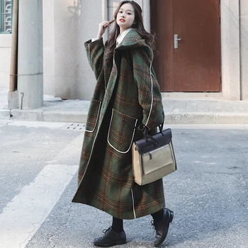 Femei Iarna Haină de Lână Noi coreeană Plus Dimensiune Carouri Verde Super Lung cu Gluga Genunchi La Glezna Îngroșarea Moda Sacou Feminin 5R