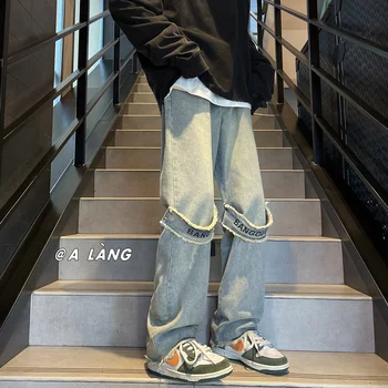Hybskr Scrisoare de Design de Brand pentru Bărbați Margine Prime Blugi Hip Hop Streetwear Drept-picior de Moda Denim Pantaloni Harajuku Masculin Pantaloni