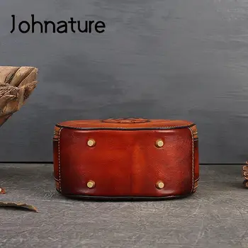 Johnature 2022 Nou Retro Din Piele Pentru Femei Geanta Hand Made Model Animal Relief Geantă De Mână Real Saci De Umăr Piele De Vacă
