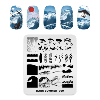 KADS Unghiilor Stamping Plăci de Vară 009 Mare de Surfing, Parasailing Pescăruș Valuri Coconut Grove Imagine Manichiura Model Stencil Instrument