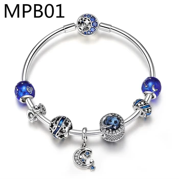MPB1 Moda Stele cu Luna Farmecul Brățară de aliaj Albastru de Cristal Margele de Sticla Bratari & Brățări pentru Femei Bijuterii Cadou