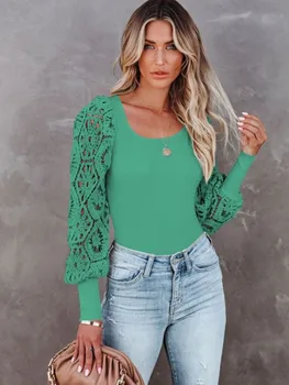 OneLineFox Dantela Howllow O-Neck T-Shirt Femei Elegante Verde Maneca Lunga Bodycon Tricou Casual Slim Elastic Solid Top