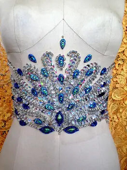Pure de mână clar AB culoare/albastru Păun coase pe Pietre aplicatiile de cristale de patch-uri de 32*17cm rochie accesoriu