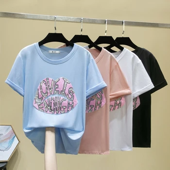 Vara Fluture cu Paiete, Broderie tricouri Supradimensionate Femei Casual cu Maneci Scurte Topuri Largi de sex Feminin Conservatie O-Gât Teuri Harajuku