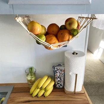 În Cabinetul țesute Manual de Fructe Hamac Depozit de Legume Macrame cu Lemn Tija Carlige Home Decor Bucatarie Durabil Coș