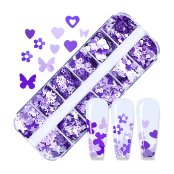 12Grids Unghii Paiete Benzi Mixte Violet Unghii Paiete Violet Alb Nail Art Sequin Inima se Amestecă Sclipici Fulgi de Unghii Consumabile