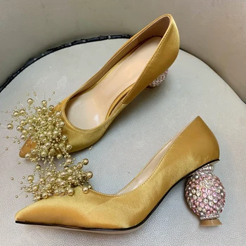 2022 Noi Satin cu Tocuri Înalte High-End Personalizate Pompe de Pietre Ananas Toc de Flori de Lux pentru Femei Pantofi