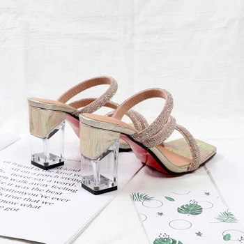 2022 vara Oumeifan moda stras sandale cu toc de cristal stras drepte cap pătrat pentru femei papuci tocuri inalte
