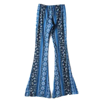 Albastru Etnice Imprimare Geometrice Flare Pantaloni Femei Boem Tribale Africane Hippie Pantaloni Clopot Jambiere Jos Pantaloni Lungi