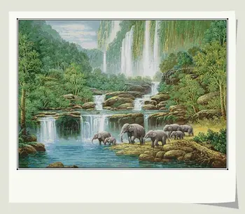 Amishop Colecția De Aur A Numărat Goblen Kit De Elefant, Elefanți Paradis, Eden Lumea Basmelor Funland Cascadă, Pădure