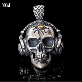 BOCAI Nou Reale Solid S925 Argint Pur Rock Bijuterii Muzica Craniu Căști Craniu de Om Thai Pandantiv