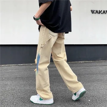 Bărbați Straight Blugi de Vară Stil Simplu Gaura Pictat Blugi Strada Hip-Hop, Retro Vrac Barbati Pantaloni de Moda INS Vânzare Fierbinte coreeană