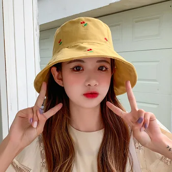 COKK Găleată Pălărie de Vară pentru Femei Pescar Capac de protecție Solară Cires Model Flat Top Palarie de Soare de sex Feminin Casual Ladies Cap-coreean Gorro