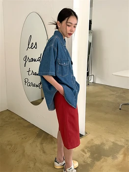 Colorfaith Noi 2022 Denim Tricouri Chic BF Stil Chic Lady coreeană de Moda de Epocă Buzunare pentru Femei Primavara-Vara Bluze Topuri BL3599