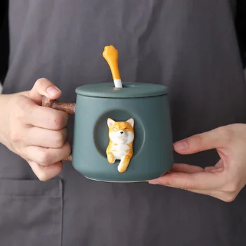 Desene animate Cana Ceramica Drăguț 3D Shiba Inu Model Cu Capac Lingura Fete de Preferat Cadou Prepara Ceai Lapte Cuplu de Apă Potabilă Ceașcă de Cafea