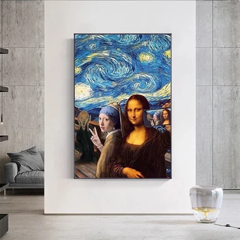 Fata cu cercei cu perle și Mona Lisa în noaptea înstelată postere si printuri pe perete pictura imagini de artă