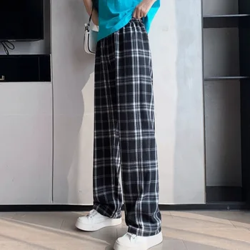 Femei De Moda De Epocă Carouri Mozaic Pantaloni Elastic Talie Mare-Coreean De Cauzalitate Pantaloni Drepte Harajuku Femeie Pantaloni Streetwear