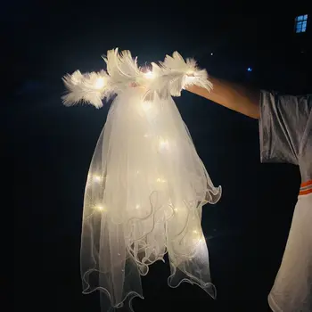 Femei Fata de Strălucire de Lumină LED-uri Voal pe Bentita Bowknot Pene Tul Petrecere de Vacanță Cununa de Cosplay Aniversare de Nunta de Decorare Festival