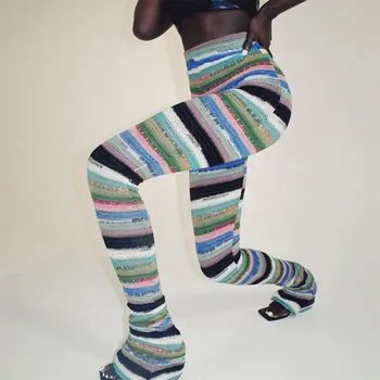 Femei Talie Mare Tricotate Pantaloni Lungi Cu Dungi Multicolore Hipster Slab Cutat Stivuite Pantaloni Vintage Bell Jos Croșetat Drop