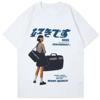 Hip Hop Streetwear Harajuku Tricou Fată Japoneză Kanji Imprimare Tricou Barbati Vara cu Maneci Scurte din Bumbac Vrac supradimensionate T-Shirt