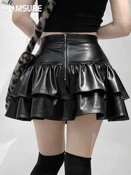 IAMSURE Gotic Bandaj Pu Fusta Plisata Darl Negru din Piele de Înaltă Talie Mini Fuste Femei 2021 Moda Stil Preppy Streetwear
