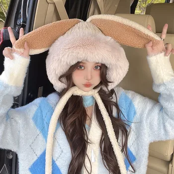 Iarna Drăguț Coreeană Ins Urechi De Iepure De Pluș Vânt Cald Earflap Hat Îngroșat La Modă Femei Kawaii Pălărie Tricotate Siret Curea Capac
