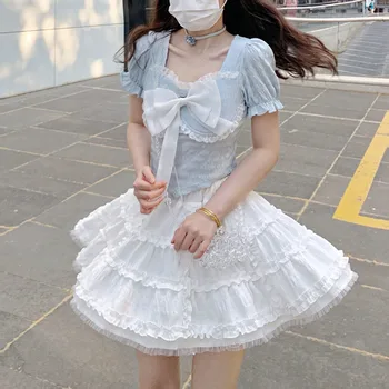 Japoneză Dulce Arc Culturilor Topuri Femei Kawaii Tricouri Talie Mare Balon de Cusut Tort Fusta Drăguț a-line Fusta Scurta de Vara 2022