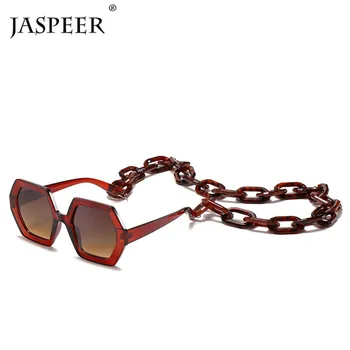 JASPEER Unic ochelari de Soare Lanț Set Pentru Femei Brand de Lux Poligon Pătrat Ochelari de Soare Femei Vintage Punk Ochelari de Bej Bărbați