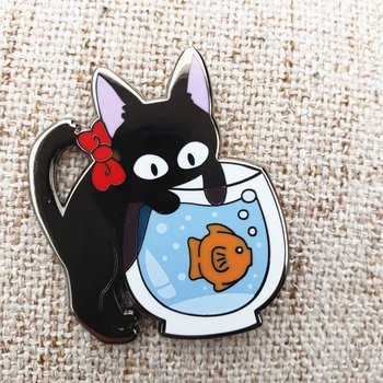 Kiki Servicii de Livrare Greu de Email Pin Drăguț Amuzant Gigi și Pește Broșă Moda de Desene animate de Animale Pisica Neagra Insigna de Bijuterii Cadou