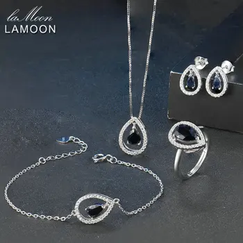LAMOON 3X5mm Lacrimi Reale Natural Albastru Safir Seturi de Bijuterii 925 sterling silver-bijuterii Pentru Femei V040-1