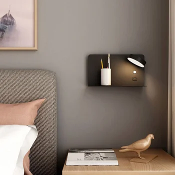 LED Dormitor Noptieră Lumina de Perete cu Raft Modern, Simplu Lămpi de Perete Cu Comutator de Încărcare USB de Fundal Decor Tranșee AC110V 220V