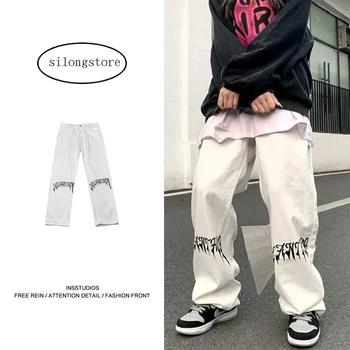Mare Steet Femei Alb de Imprimare Blugi Y2K Coreea de Bărbați Harajuku Casual Streetwear Haine Largi Blugi Pantaloni Pantaloni Largi de sex Masculin