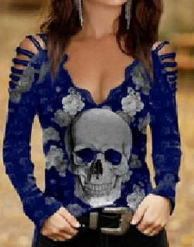 Moda pentru Femei V-neck Skull & Floare de Imprimare T-shirt Gotic Gol Topuri cu Maneci Lungi XS-5XL