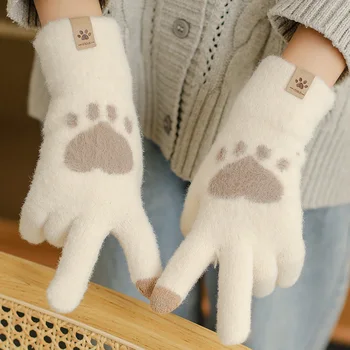 Moda Pisica Laba de Imprimare Mănuși de Telefon Mobil Touchscreen Mănuși Tricotate Gros de Iarna Cald Adult Moale Pufos Mănuși Bărbați Femei