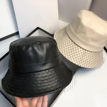 Moda Plasă Hepburn Stil Piele PU Găleată Pălărie Toamna și Iarna Cald Pălărie Pescar Femei Soare în aer liber Pălărie de Protecție YF0718