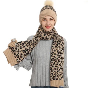 Moda Toamna Iarna Pălărie De Sex Feminin Pălărie Tricotate Femei Leopard De Imprimare Ține De Cald Beanie Hat Costum Eșarfă Mănuși Set De Trei Piese Gorra