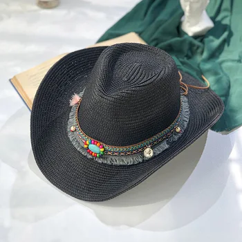 Noi de Vara Turcoaz Decor Pălărie de Cowboy pentru Femei Barbati Jazz Palarie de Soare cu Protecție UV Plaja Pălărie de Paie