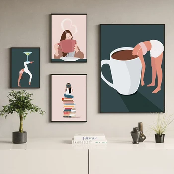 Nordic Postere Femeie Citind Cartea Cafea Abstract Wall Art Print Panza Pictura Decor Cat Spălătorie Art Imaginile Pentru Camera De Zi