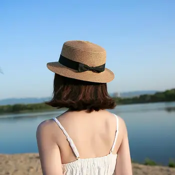Panama Pălărie Simplă Plajă De Vară Pălărie De Sex Feminin Doamna Casual Femei Margine Plat Bowknot Paie Capac Fete Palarie De Soare