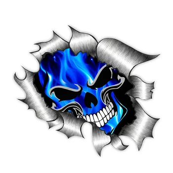 Pentru Rupt Rupt de Metal de Proiectare 3D cu Skull & Albastru Electric Flăcări Externe 13CM Vinil Interesant Autocolant Auto 13X13CM